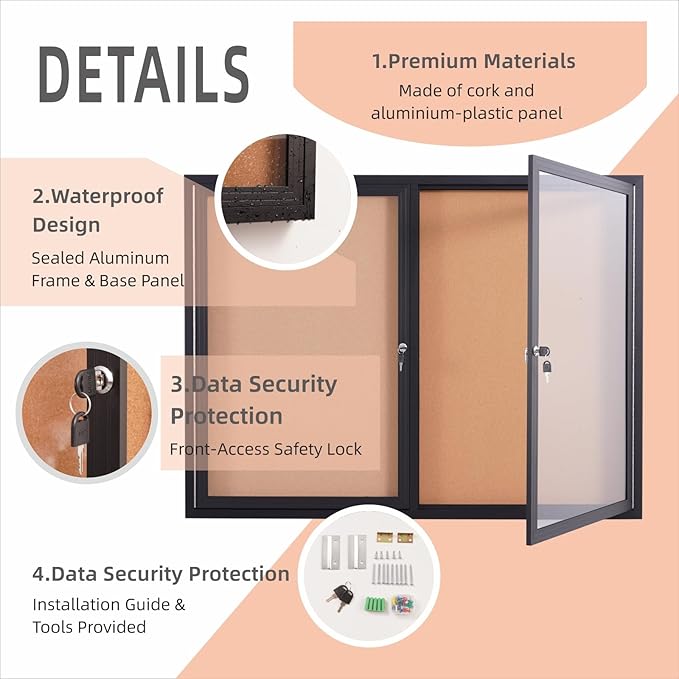 48x36 Inch Lockable Enclosed Bulletin Board, Weather-Resistant Outdoor Noticeboard with 2 Locking Doors, Wall-Mounted Black Aluminum Frame & Cork Presentation Board
