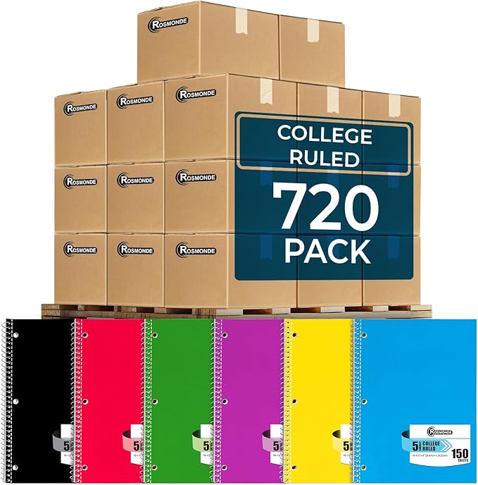 Rosmonde 720 Packs (Pallet) 5 Subject Notebooks, Spiral Notebook Bulk, College Ruled,Pallet of Notebooks,150 Sheets (300 pages), 8 x 10-1/2", Bulk Spiral Notebooks for School & Office,4-7 Days Transit