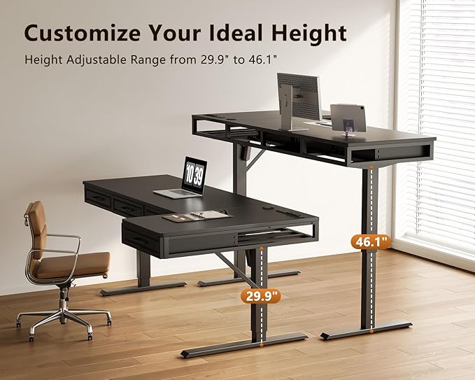 OffiGo L Shaped Electric Standing Desk with Wooden Drawers, 63 Inch Height Adjustable Corner Workstation with Power Outlets, Sit Stand Table for Home, Office, Black