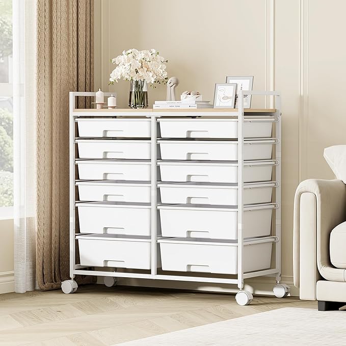 Rolling Storage Cart with 12 Drawers, Wooden Tabletop Utility Cart for Craft Storage, Art Supply Storage & Home Office Organization, Teacher Cart with Wheels for Classroom, School (White)