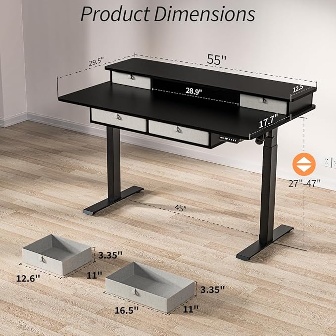 Kingant 55 x 30 Inch Electric Standing Desk with 4 Drawers, Adjustable Height Computer Desk for Home Office, Large Workstation Sit Stand Up Desk with Built-in USB A/C Charging Ports, Black