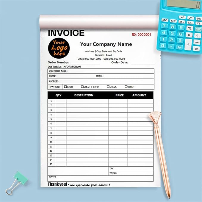 Custom Invoice Book in 3-Part /2-Part Receipt Book with Carbon Copies Personalized Carbonless Service Invoice Form Books Sales Order Book with Company Name Logo Address,E-Invoice Book
