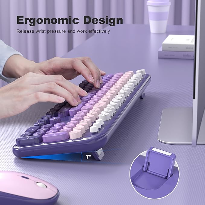 MOFII Wireless Keyboard and Mouse Combo, Full Size 2.4G Retro Round Computer Keyboard and Mouse Set, Plug and Play, for Windows, Computer, Desktop, PC, Notebook - (Purple Gradient)