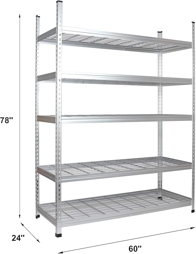 Amazon Basics 5 Shelf, High-Grade Aluminum, Silver, 60 x 24 x 78 Inch | Heavy Duty, 4000IBS, Adjustable, Storage, Shelving Unit