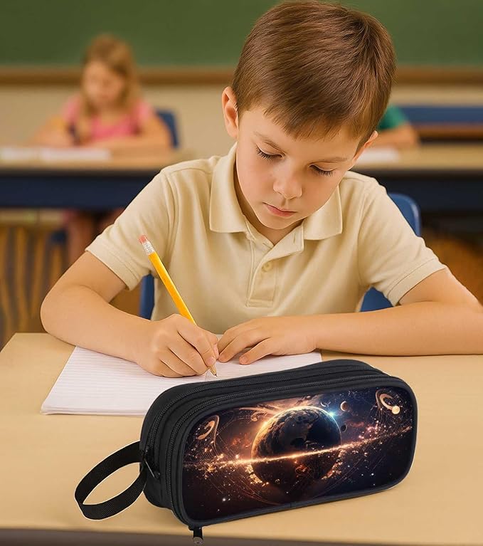 AnySmic Space Pencil Case for Boys and Girls, Large Galaxy Pencil Pouch or Pen Bag for Kids, Polyester Big Capacity Pen Case with 2 Compartments, Double Zipper Organizer, Gifts for School Student