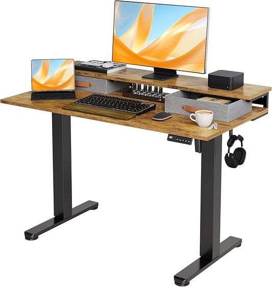 Claiks Electric Standing Desk with 2 Drawers, Adjustable Standing Desks with Storage, Height Adjustable Stand up Desk for Home Office with 2 Hooks,48 Inch Ruist Brown