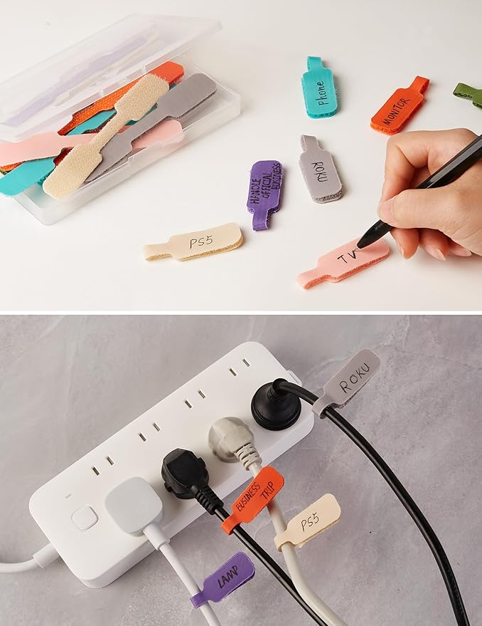 SINGDARIC Cable Labels Large Size, Multi-Color (40-Pack) Write On Cord Tags for Organizing Wires and Identification,Reusable and Versatile for Multiple Purposes - 8Color