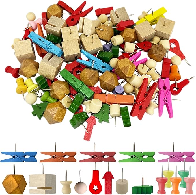 100 Pcs Wood Push Pins, CNYMANY Colored Thumbtacks for Bulletin Board, Decorative Eco-Friendly Corkboard Pins, Non-Slip Map Pins for DIY Wall Craft Projects Office & Home Supplies - 10 Styles