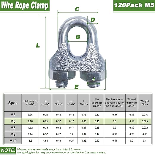 120PCS M5 Heavy Duty Wire Rope Clamps, 3/16-Inch Zinc Plated Wire Cable Clamps for Secure Connections – Boat, Tent, Clothesline, Rigging & More