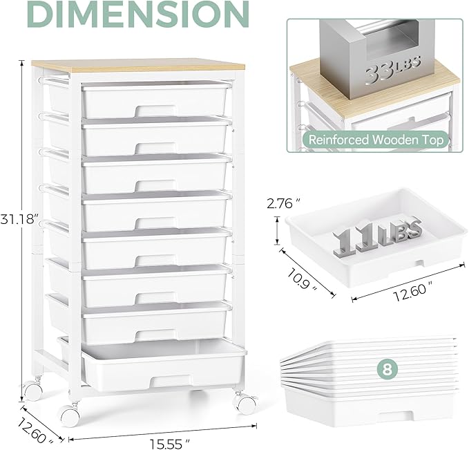 SYKIARIOL Rolling Cart with Drawers,8 Drawer Rolling Cart,Rolling Drawer Cart,Rolling Storage Drawer Cart,White Rolling Cart,Utility Cart with Drawers and Wooden Tabletop