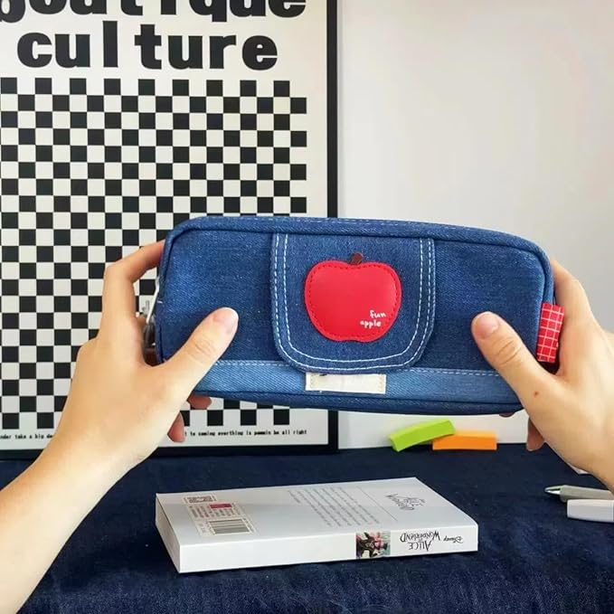Haumei Canvas Pencil Case Large Capacity, Big Denim Pen Pouch with Zipper, Cute Durable Portable Stationary Storage Bag Organizer for Adults Women, Dark Blue, Apple
