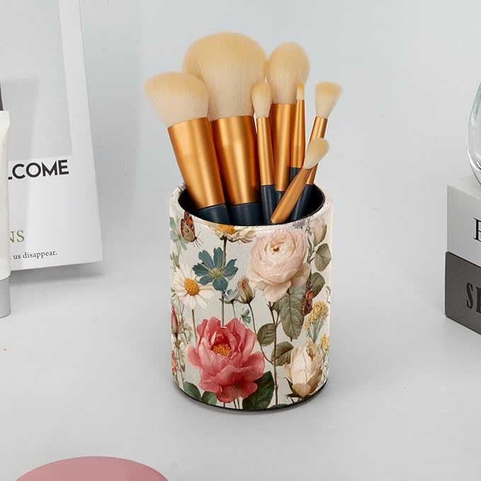 Leather Pen Holder for Desk Floral Butterflies Pretty Pencil Cup Desktop Organizer Makeup Brush Holders Office Supplies for Home, Kids & School