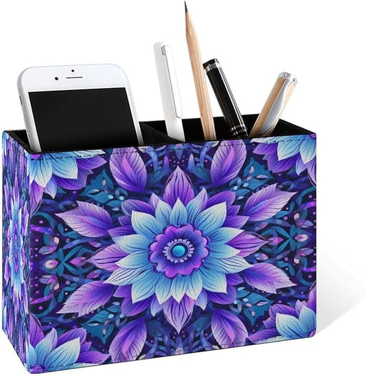 Famame Bohemian Style Mandala Print Pencil Holder for Desk, Leather Desktop Container Pen Cup Storage Study Table Pen Organizer Makeup Brush Holder for Classroom Office Home