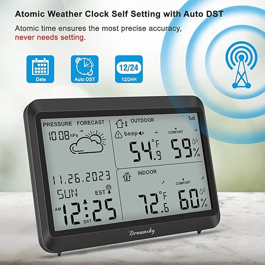 DreamSky Weather Station Indoor Outdoor Thermometer Wireless - Atomic Clock with Indoor/Outdoor Temp, Date & Day, Battery Powered, Home Weather Forecast Clock with Inside Outside Temperature Humidity