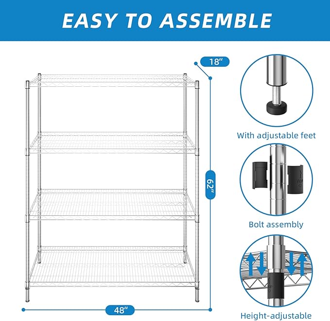 Guan River 4-Shelf Adjustable Metal Shelf Wire Shelving Unit Heavy Duty Storage Rack Shelf for Office,Kitchen,Bedroom,Bathroom,Laundry,Pantry Basement,Garage(Chrome,48" L x 18" W x 62" H)