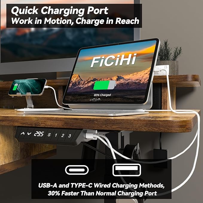 FiCiHi Adjustable Height Standing Desk with 4 Drawers,63 x 30 inches Electric Sit Stand Home Office Desk with Two Tiers, 3 Memory Presets, Monitor Stand Riser, USB A/C Charging Port