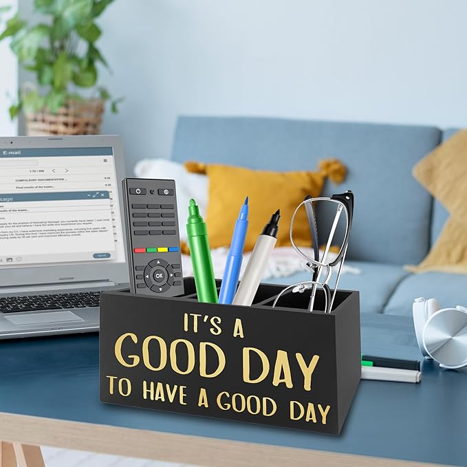 QZQE Inspirational Office Pen Pencil Holder Organizer for Desk, It's a Good Day to Have a Good Day Positive Wooden Box Signs Decorations for Home Office Desk Tabletop, Motivational Gifts for Women
