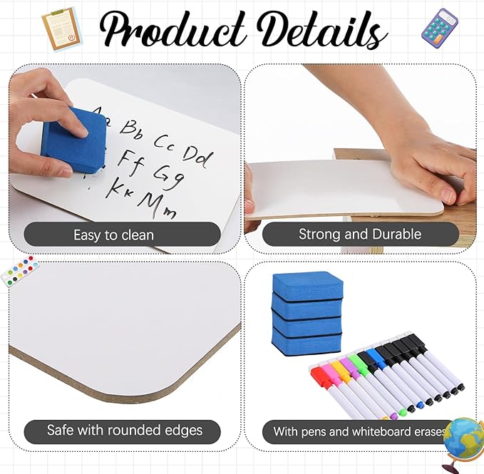 Affrolling 2 Sets Small Whiteboard Dry Erase Boards 5" x7'' Mini Double Sided Dry Erase Lap Boards with Markers Erasers Pen Holders Personal Whiteboards for Students Classroom Teacher