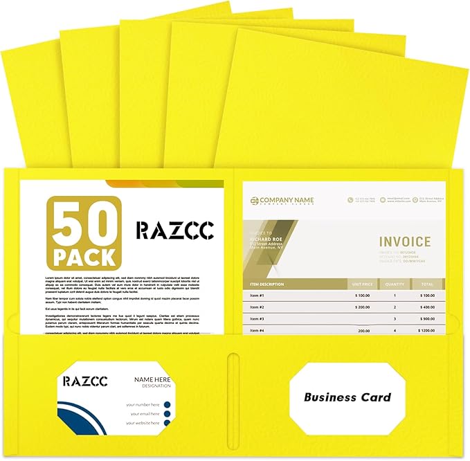 Two Pocket Folders, RAZCC 50 Pack 2 Pocket Folders Fit Letter Size Paper, Paper Folders with Pockets for School Office Business Home (Yellow)