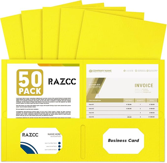 Two Pocket Folders, RAZCC 50 Pack 2 Pocket Folders Fit Letter Size Paper, Paper Folders with Pockets for School Office Business Home (Yellow)