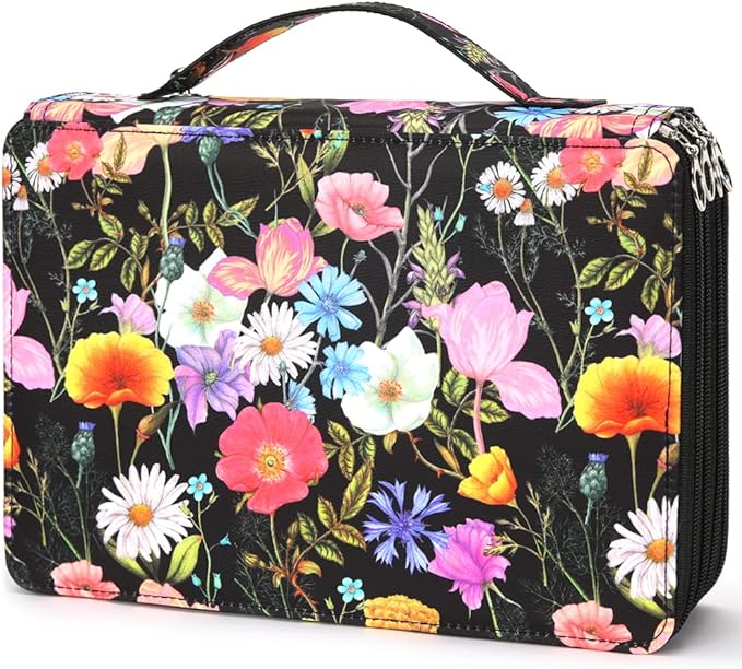 Vomgomfom Colored Pencil Case - 200 Slots Pencil Holder with Zipper Closure Twill Fabric Large Capacity Pencil Case for Watercolor Pens or Markers, Pencil Case Organizer for Artist (Black Flower)