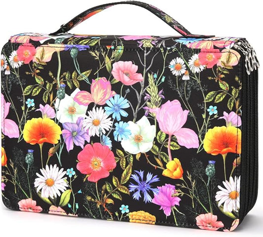 Vomgomfom Colored Pencil Case - 200 Slots Pencil Holder with Zipper Closure Twill Fabric Large Capacity Pencil Case for Watercolor Pens or Markers, Pencil Case Organizer for Artist (Black Flower)