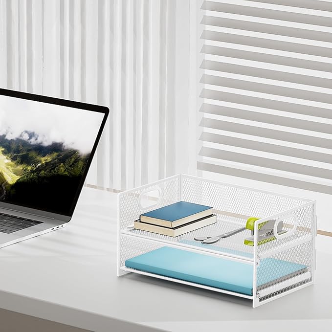 Marbrasse 2 Tier Paper Organizer Letter Tray, Mesh File Organizer with Handle, Paper Sorter Desk Organizer for Home Office Supplies - White