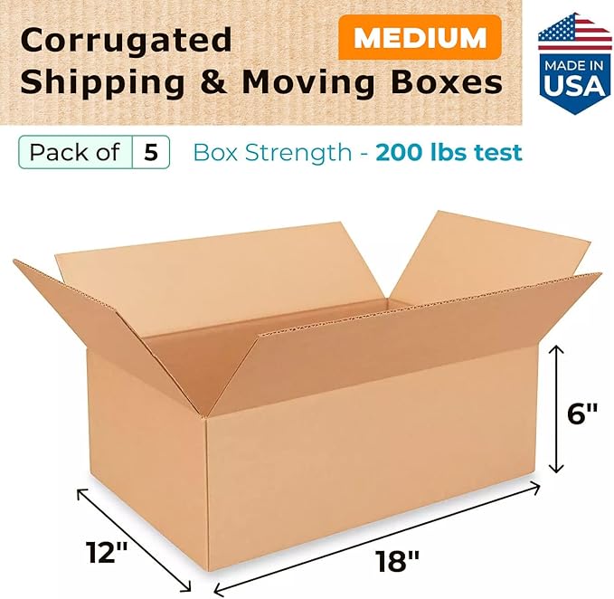 IDL Packaging - B-18126-5 Medium Corrugated Shipping Boxes 18"L x 12”W x 6"H (Pack of 5) - Excellent Choice of Strong Packing Boxes for USPS, UPS, FedEx Shipping