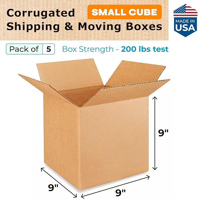 Small Cube Moving & Shipping Boxes 9 x 9 x 9 inches (5-Pack) - Extra Strength 200 lb vs Regular - Corrugated Durable Cardboard Boxes - Box for Packaging - Moving Supplies Box by IDL Packaging