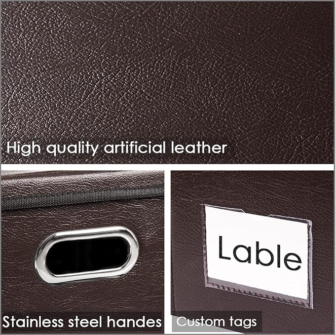 PRANDOM Collapsible Storage Bins with Lids [3-Pack] Leather Fabric Foldable Storage Boxes Organizer Containers Baskets Cube with Cover for Bedroom Closet Office Nursery Brown (14.9x10.8x10)