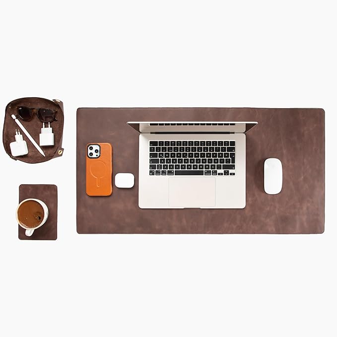 Node Leather - Genuine Leather Desk Mat (32" x 16"), Desk Organizer & Cup Coaster - Leather Office Set - Premium Handmade Office Accessories for Elegant Workspace - Dark Brown