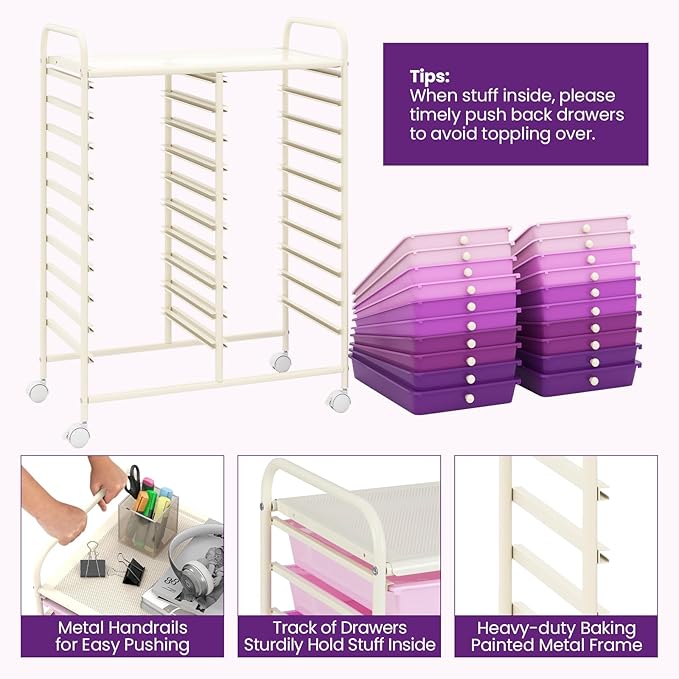 Happygrill 20-Drawer Organizer Cart Tools, Mobile Utility Storage Cart with Removable Drawers & Lockable Wheels, Rolling Storage Cart with wheels for Home Office School (Purple Gradient)