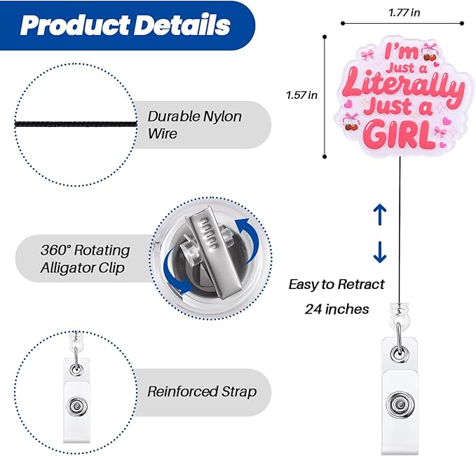 I’m Literally Just a Girl Funny Badge Reel | Cute Bow Retractable ID Card Badge Holder | Work Badge Clip for RN LPN CNA MA ER Night Shift Nurse Nursing Student Doctor | Nurse Gifts | Alligator Clip
