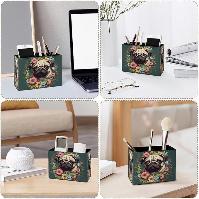 Famame Vintage Flowers Around Pug Pencil Holder for Desk, Leather Desktop Container Pen Cup Storage Study Table Pen Organizer Makeup Brush Holder for Classroom Office Home