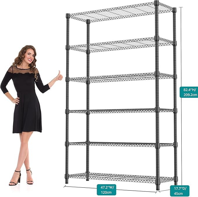 M MZG 6 Tiers Shelf 2100 lbs Steel Storage Shelving Utility Shelving Unit Steel Organizer Wire Rack for Home,Kitchen,Office,Garage Black 17.7" D x 47.2" W x 82.4" H