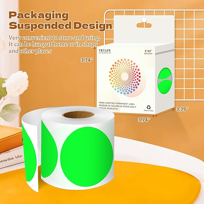 3 Inch Round Color Coding Labels (500 per Roll) - Colored Dot Stickers Round Labels for Inventory, Warehouse, Office Organizing - Fluorescent Green Circle Stickers