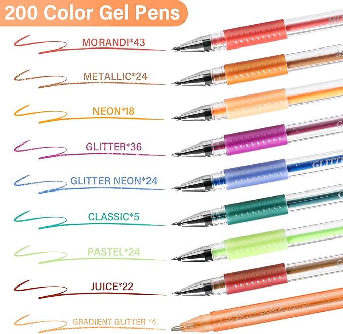 LANRENWENG 400 Pack Gel Pens for Adult Coloring Books, 200 Colored Gel Pen Include 200 Refills with 40% More Ink,Glitter Gel Pens Set for Coloring Books Drawing Journaling Scrapbook Art Supplies