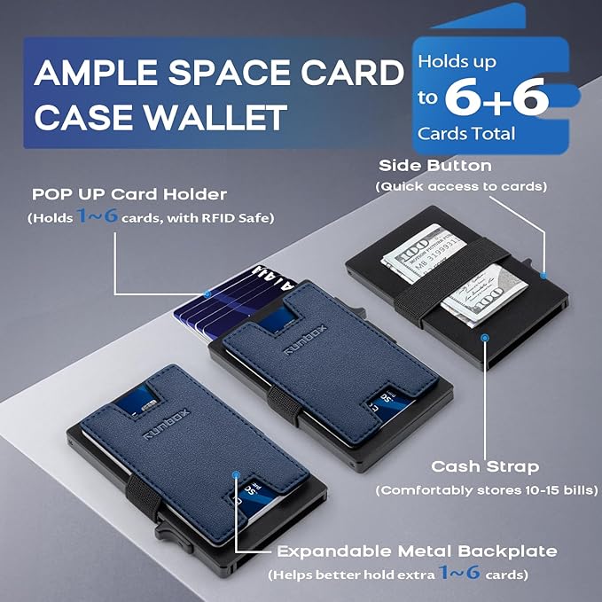 RUNBOX Slim Card Holder Wallet for Men, Minimalist RFID Blocking Wallet with Pop-Up Function, Ultra-Thin Design, Metal Business Card Cases holds 6+6 Cards, Gifts for Men, Men's Accessories