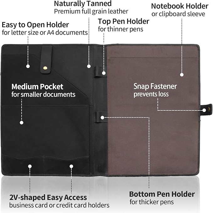 Jack&Chris Leather Portfolio, A4 Document Folder Legal Pad Padfolio, Professional Writing Letter Notepad Clipboard Sleeve Organizer, Resume Folio Binder for Men&Women,Black