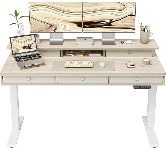 FEZIBO Height Adjustable Electric Standing Desk with 5 Drawers, 55 x 24 Inch Table with Storage Shelf, Sit Stand Desk White Frame/Light Walnut Top, 55 inch