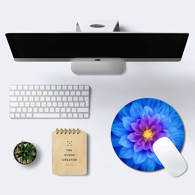 IMAYONDIA Mouse Pad, Blue Watercolor Lotus Flower Round Mouse Pad, Non-Slip Rubber Base Mousepad for Laptop Computer, Personalized Small Mousepad with Designs for Women, 7.9 x 7.9 Inch