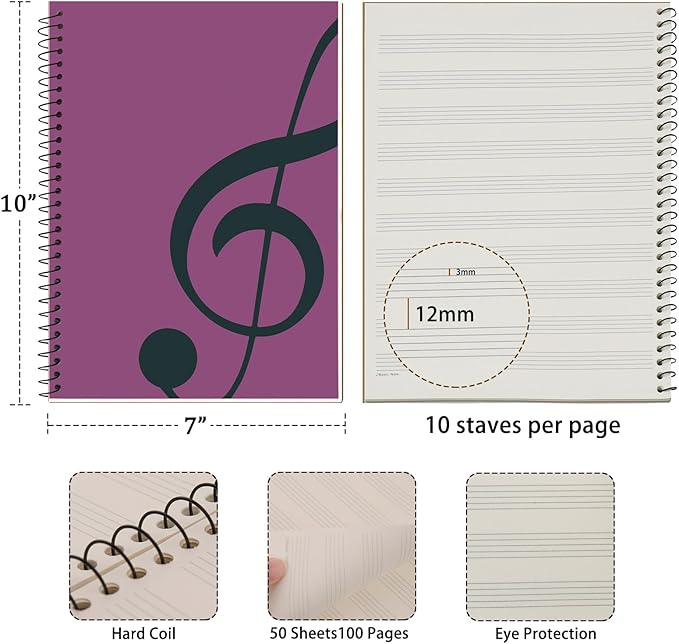 MOREYES Music Notebook Composition Manuscript Staff Notebook with 100 Pages 10.24x7.5 inch/26x19cm, Pink