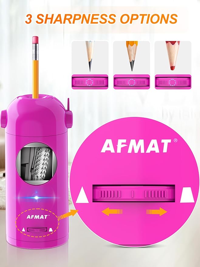 AFMAT Electric Pencil Sharpener, Fully Automatic Pencil Sharpener for Classroom, 7-11.5mm Colored/Jumbo Pencils, Auto in & Out, Rechargeable Hands-Free Sharpener for Home Office PSX5, Pink