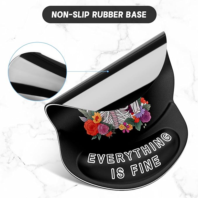 ITNRSIIET Ergonomic Mouse Pad with Gel Wrist Support Small Wrist Rest Smooth Surface Non-Slip PU Base Comfortable Office Supplies Pain Relief, 8.7 x 7.2 inches, Flower Skull