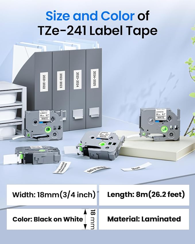 TZe-241 18mm 0.7 Laminated White Tape Replace for Brother Label Maker Tape 18mm Label Tape Compatible with P-Touch TZ TZe 3/4" Black on White TZE241 for PTD410 PT-D400 PT-D610BT PTD600 Refills,4 Pack
