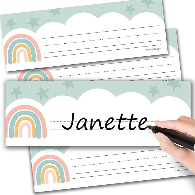 Desk Name Tags for Classroom -25 Student Name Plates for Classroom Kindergarten, Preschool, 1st, 2nd & 3rd Grade, 9x3 Teacher Nameplates for Student Desks & Cubbies, Boho Nametags