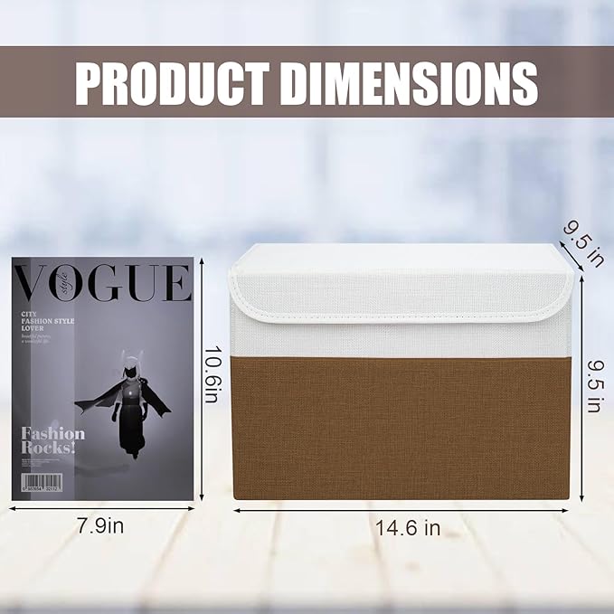 Bagnizer Large 22 Quart Linen Fabric Foldable Storage Bin Cube Organizer Basket with Flip-Top Lid & Handles, Clothes Blanket Box for Home, Office, Closet, Brown & White, 4 Pack 14.6 x 9.5 x 9.5