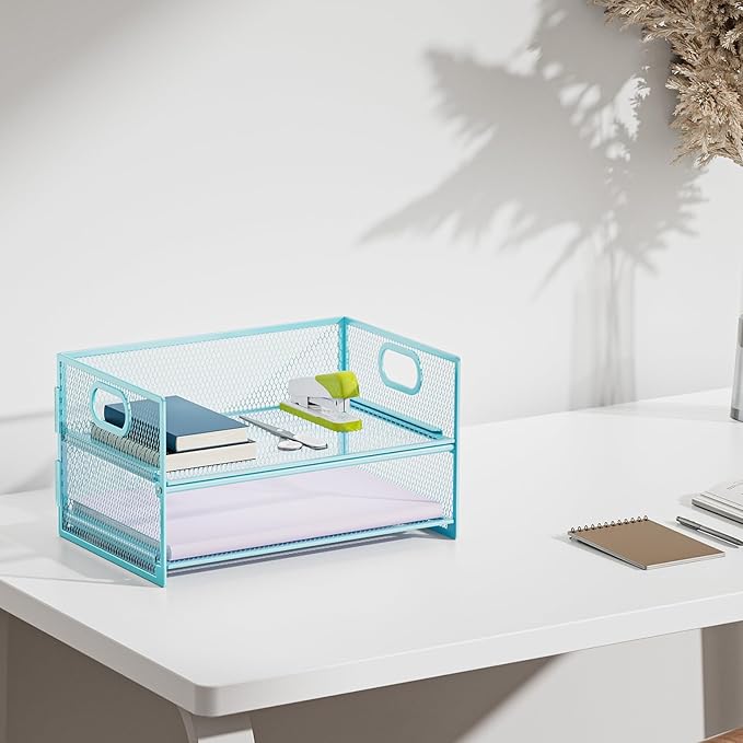 Marbrasse 2 Tier Paper Organizer Letter Tray, Mesh File Organizer with Handle, Paper Sorter Desk Organizer for Home Office Supplies - 2P Blue