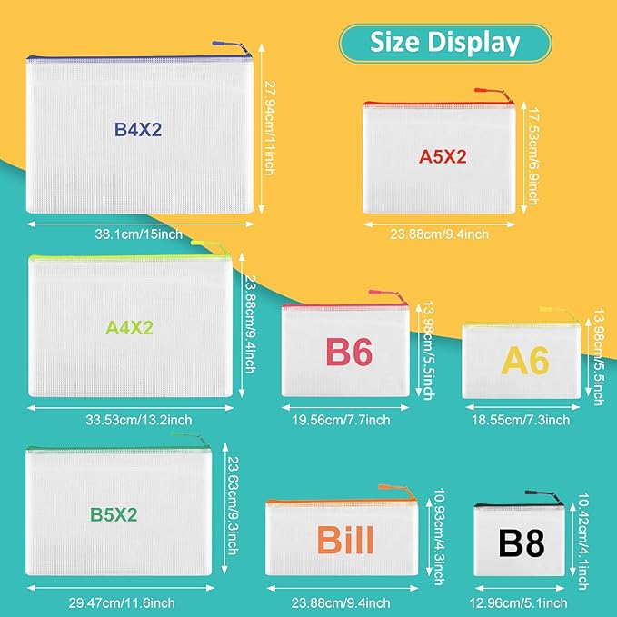 YOPCDJ 12 Mesh Zipper Pouch Bags - 12 Color, 8 Size Classroom Must-Have Storage Solution for School, Board Games, and Office Supplies