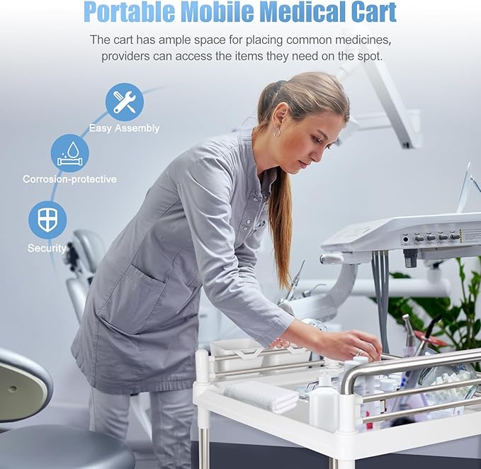 Mobile Utility Cart with Wheels Professional Medical Trolley Cart 220 Lbs Load Plastic and Stainless Steel Esthetician Storage Cart with Basins and Kegs for Beauty Salon Hospital Clinic Home
